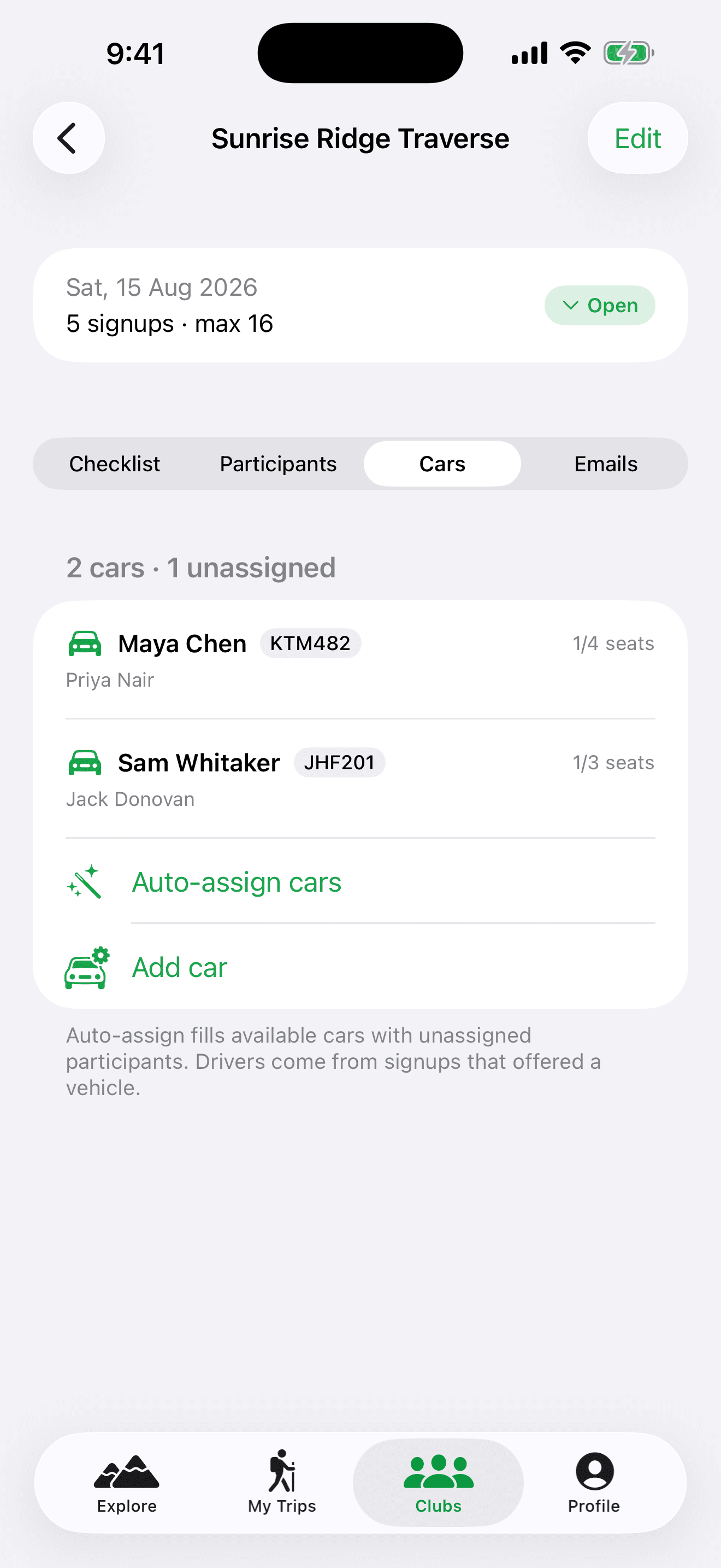 Car assignments in the iPhone app — drivers, seats, and passengers