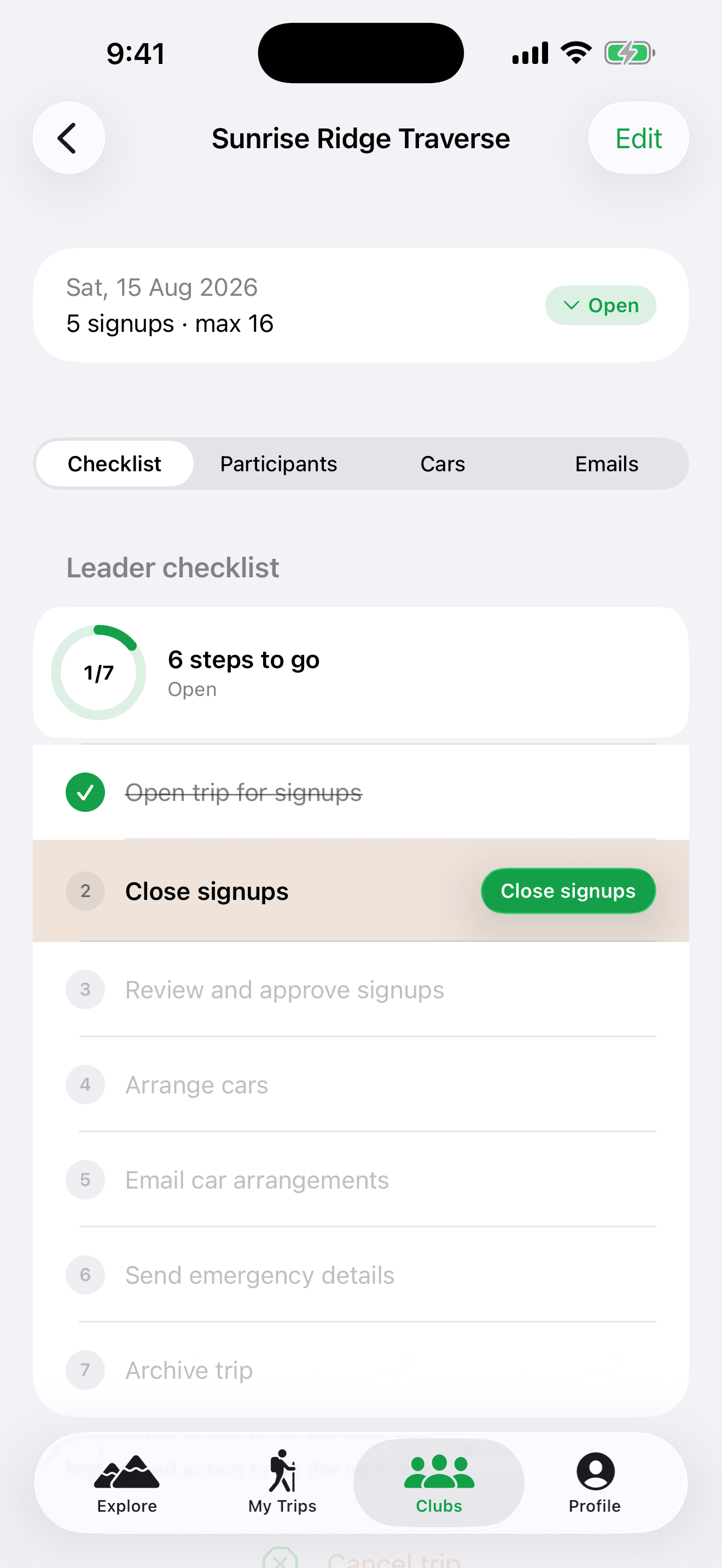 The trip leader checklist in the iPhone app, showing each step ticking off