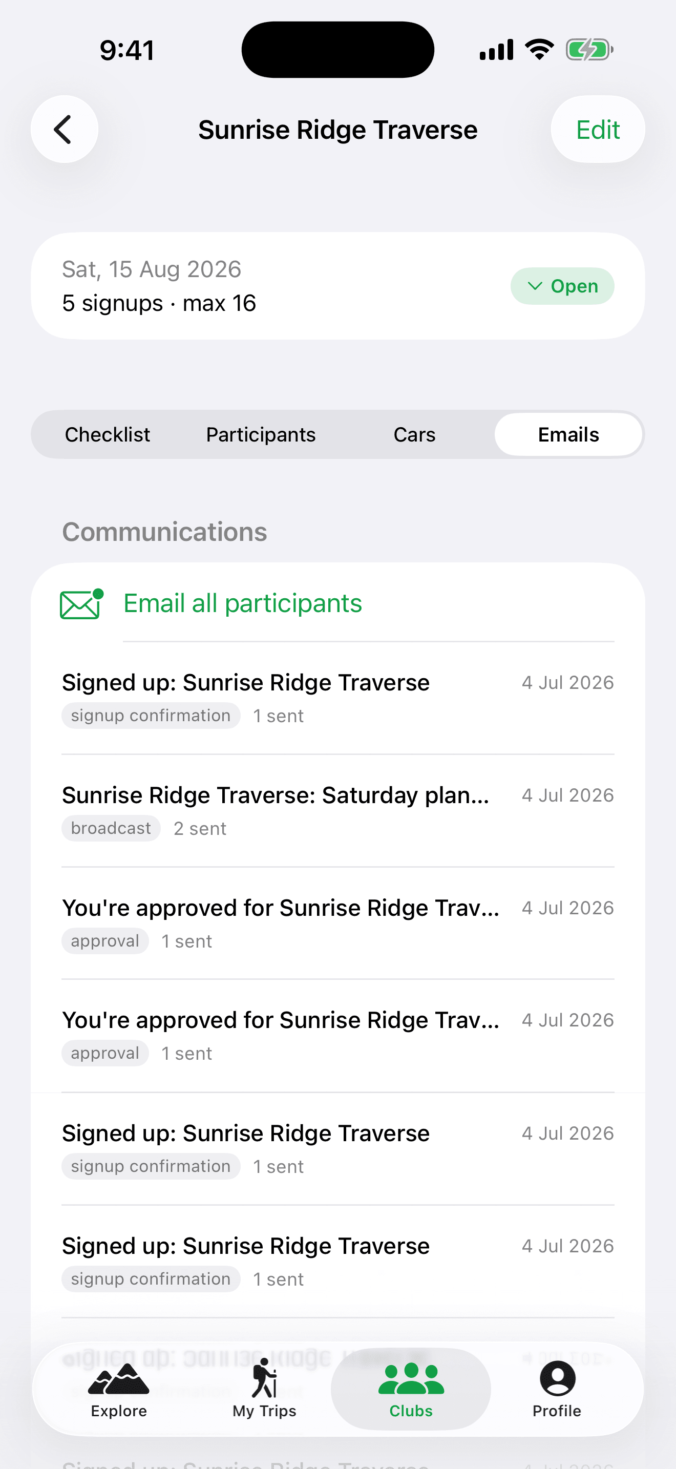 Trip communications in the iPhone app — broadcasts, approvals, and confirmations with delivery counts