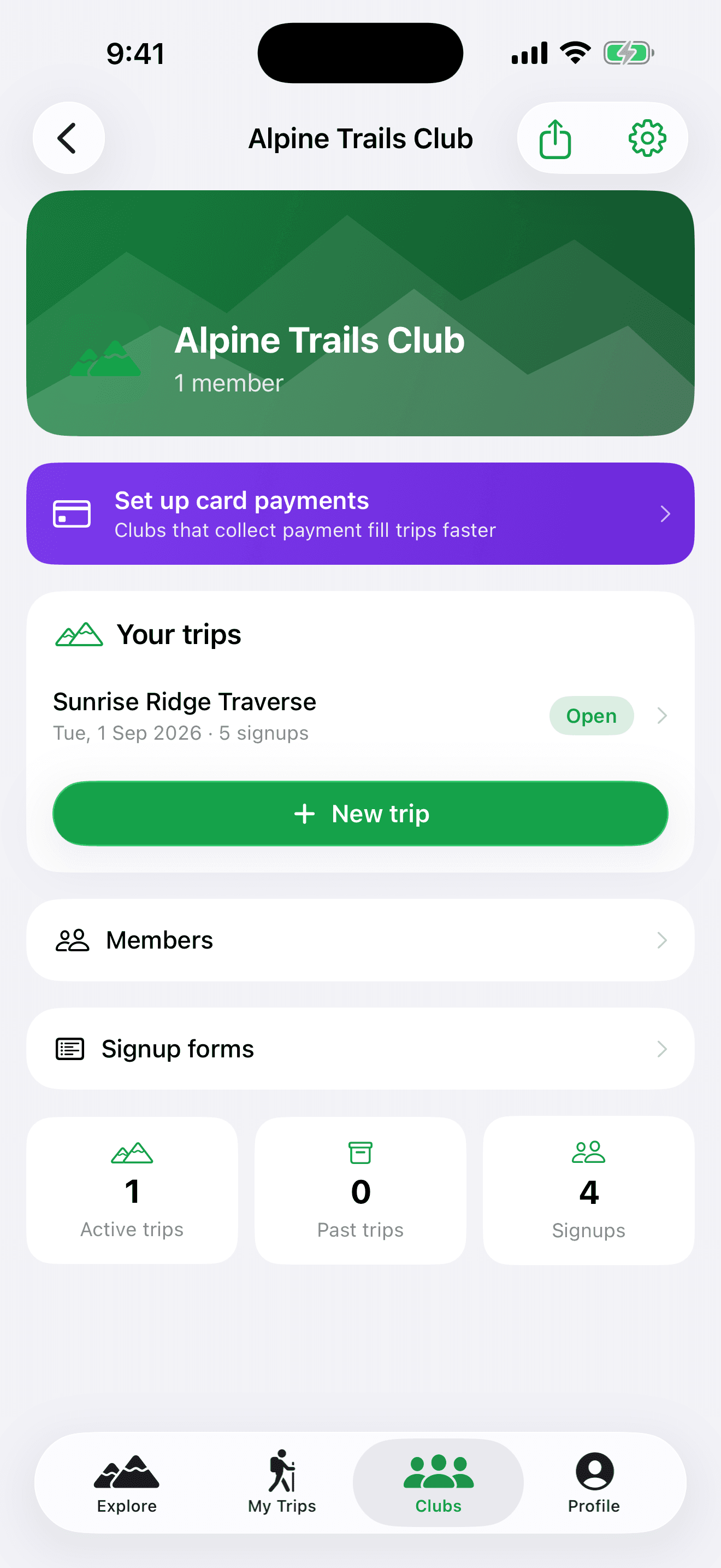 A club's management home in the iPhone app — trips, payments, and members one tap away