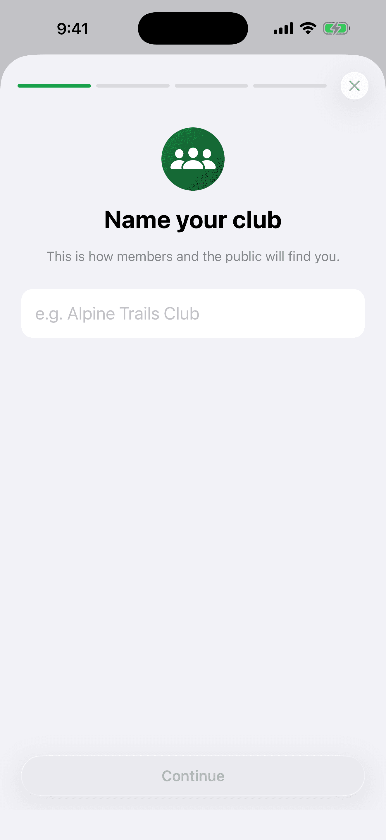Creating a club in the iPhone app — a guided step-by-step flow