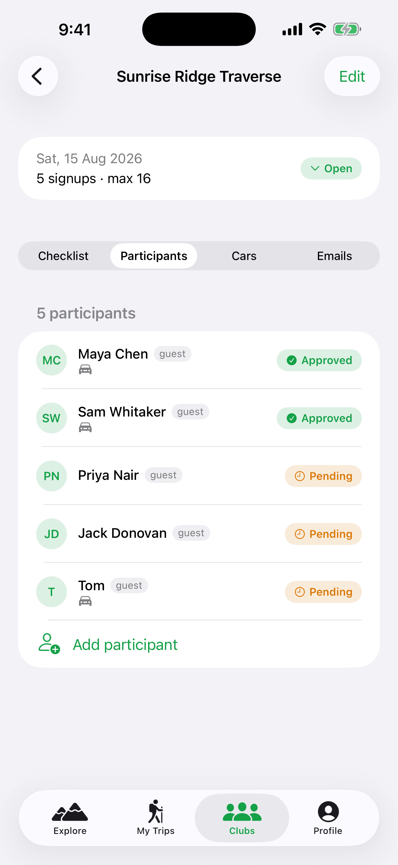 Reviewing and approving trip participants in the iPhone app