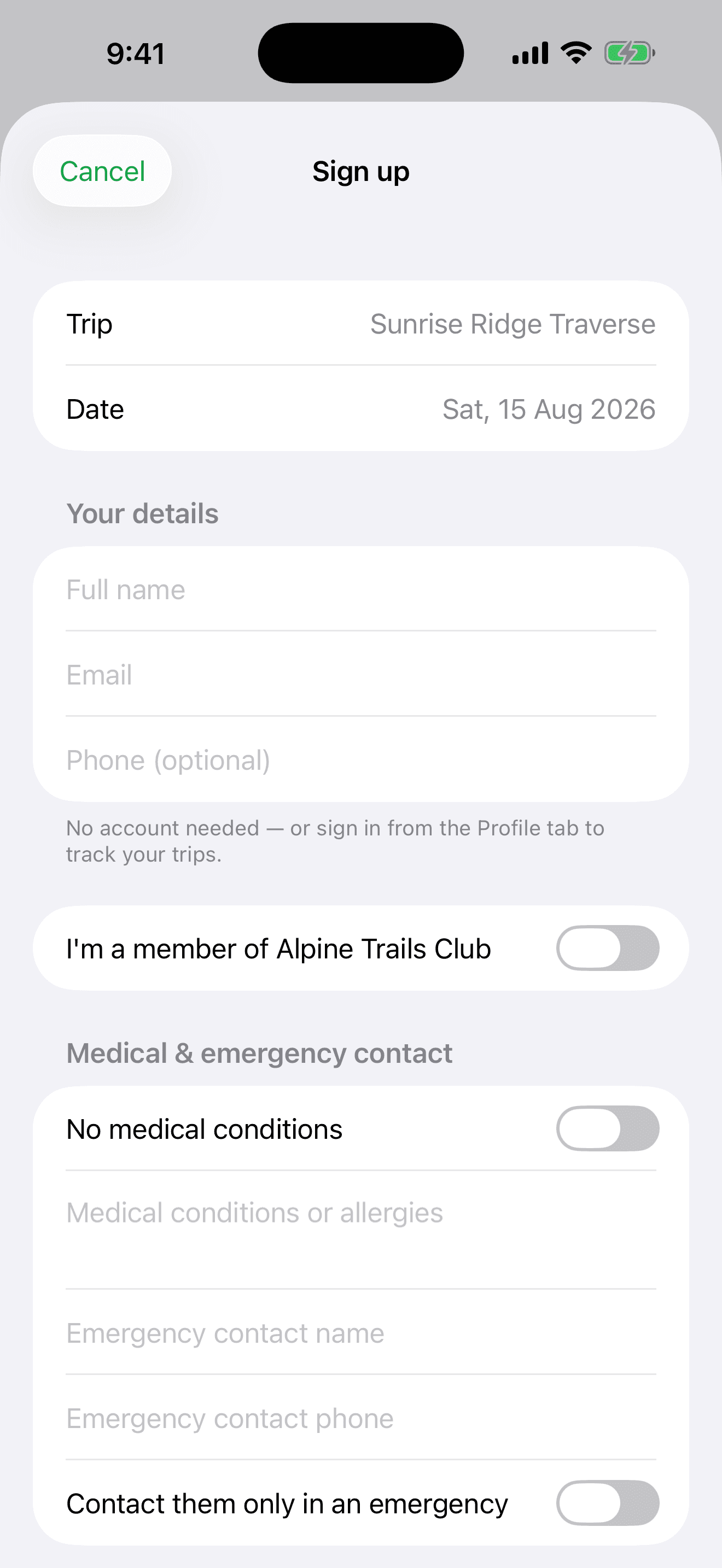 A club's custom signup form in the iPhone app