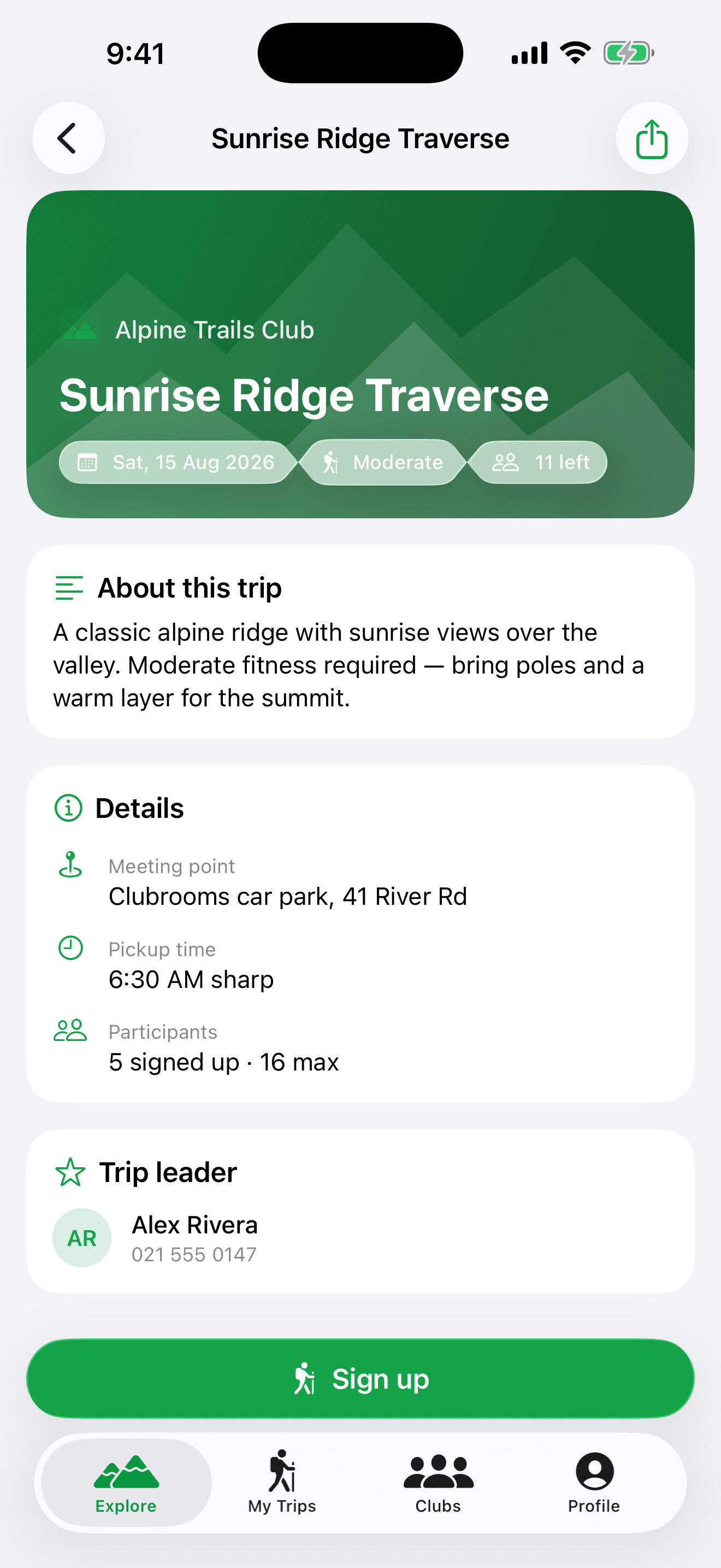 A trip page in TheClubTrip iPhone app