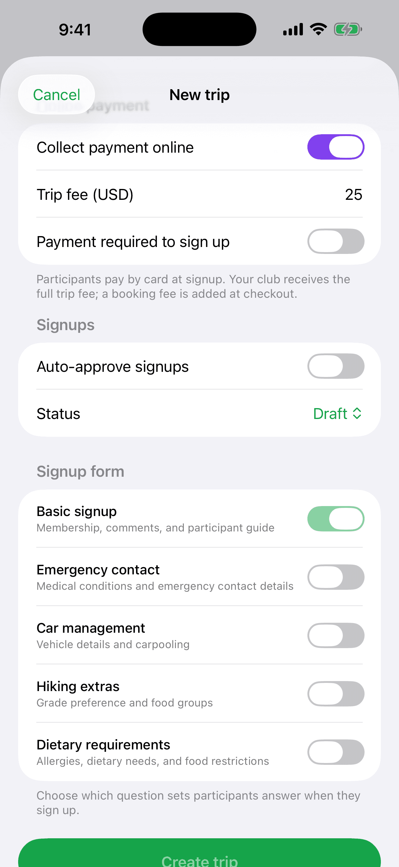 Trip options — online payment, auto-approve, status, and signup form question sets