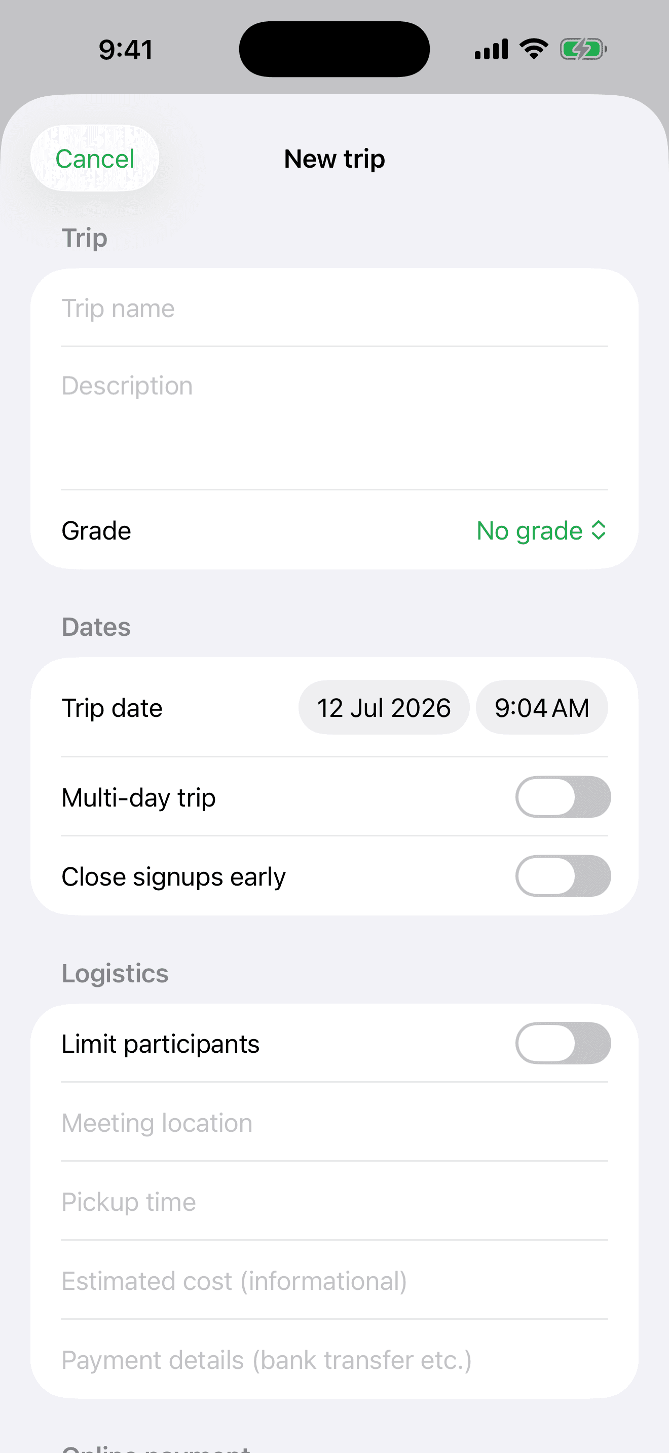 The new trip form — name, grade, and dates
